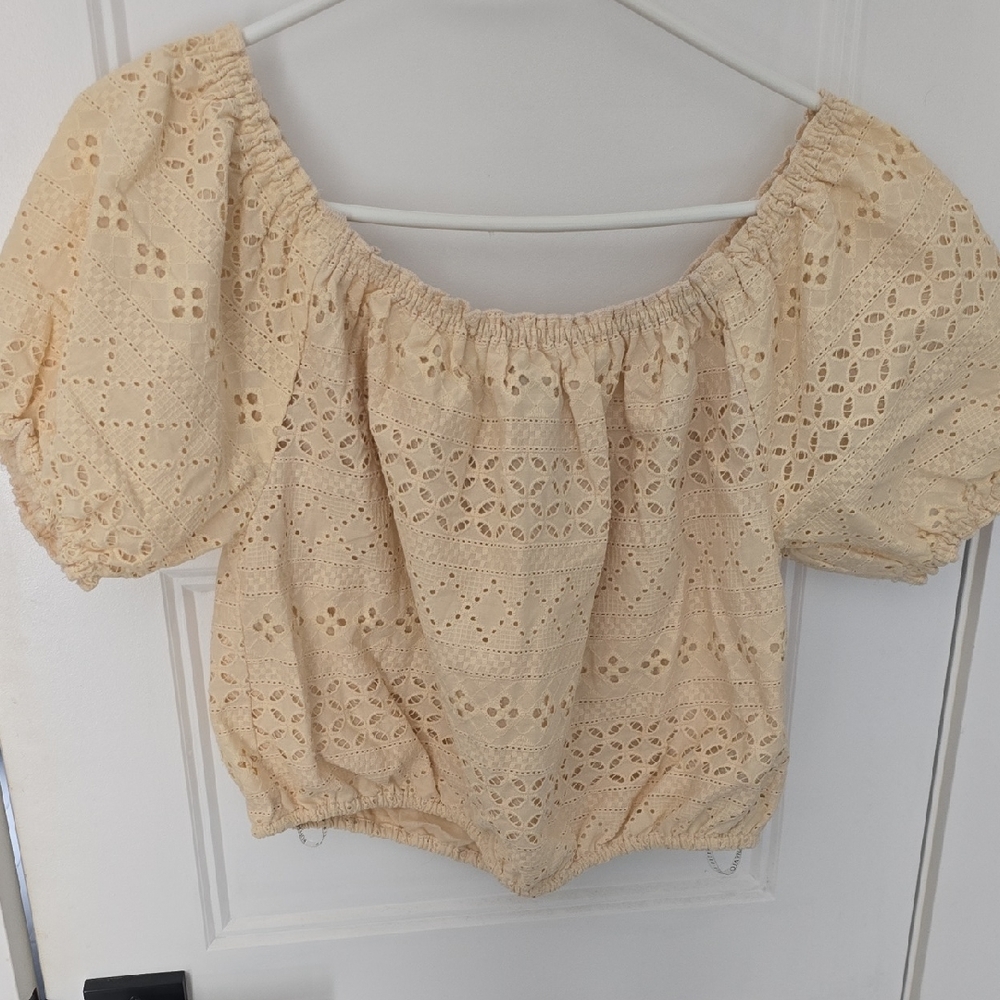 Buffalo David Bitton Cream Puff Sleeve Smocked Crop Blouse